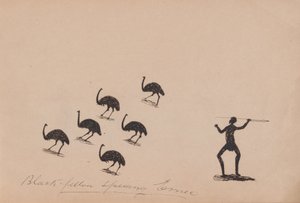 Kwatkwat -ihmiset - Musta kaveri spearing emu -Sketchbook of Aboriginal activities